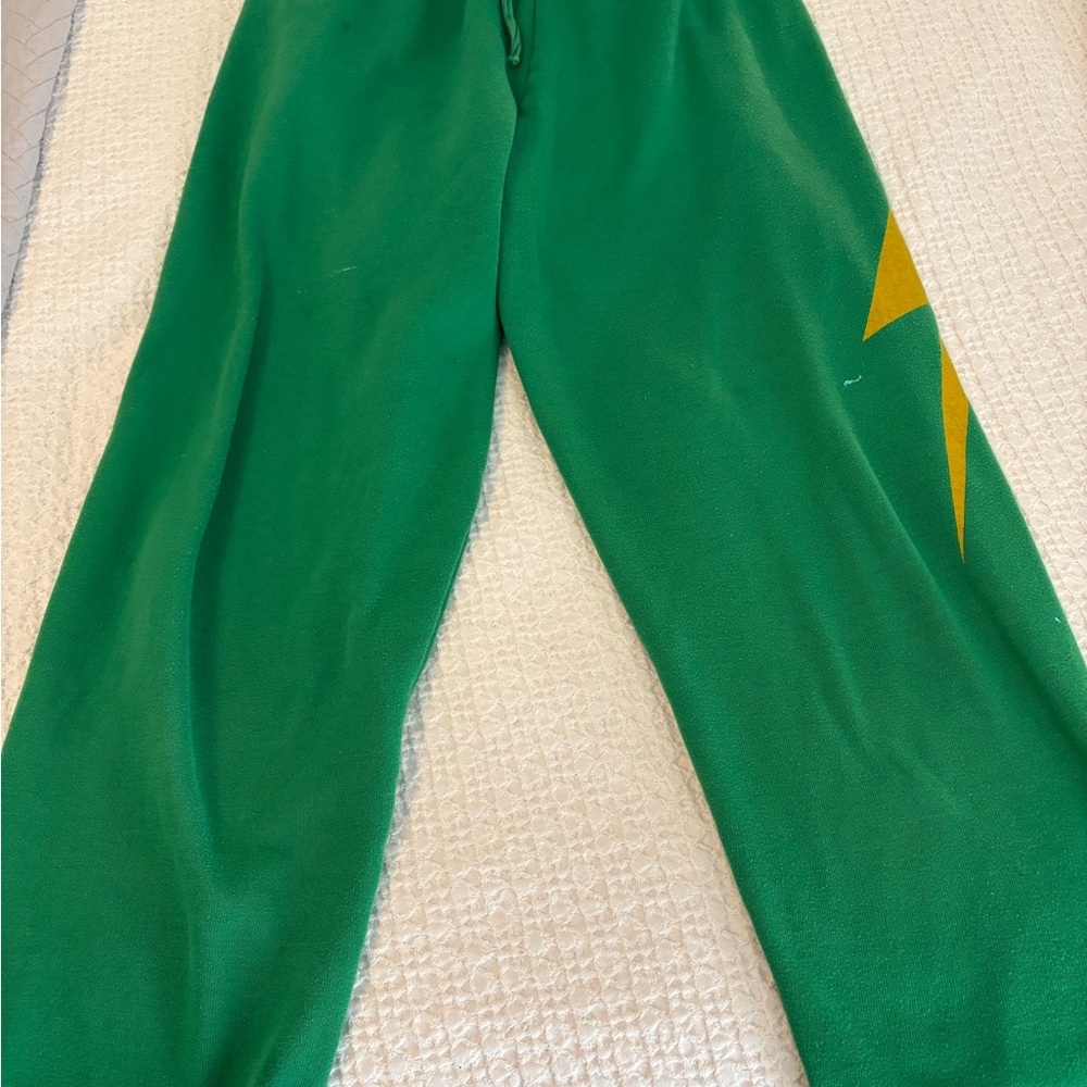 Aviator Nation Green Sweatpants with Yellow thunderbolt Accent